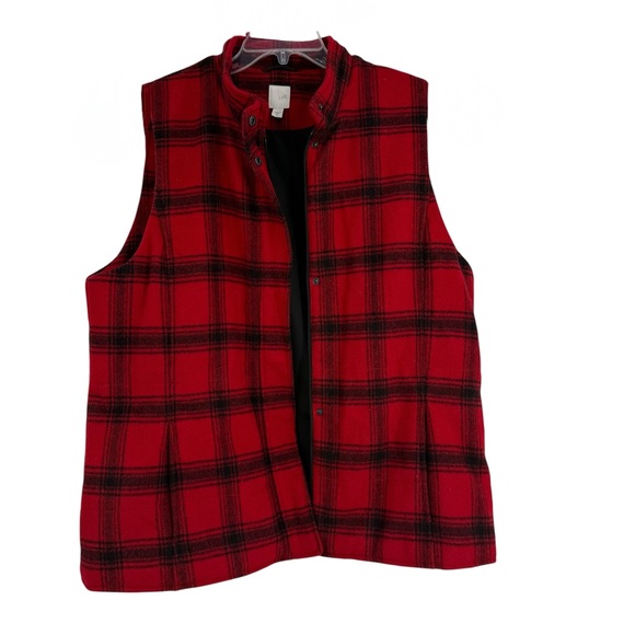 J. Jill Vest Women’s Size  XL Red Black Plaid Full Zip/Snap Wool Blend Lined - Picture 1 of 8